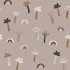 Safari palms, hand drawn pastel rainbows seamless pattern. Nature african beige botanical illustration for stationery, posters, cards, nursery, apparel, scrapbooking. - 637043479