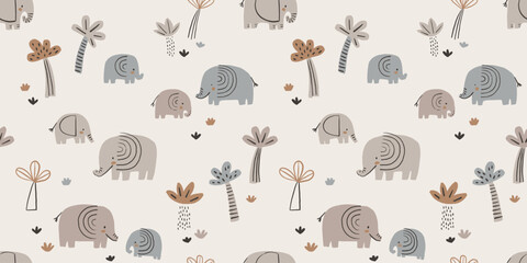 Hand drawn doodle elephants and palms trees. Savanna seamless wallpaper. Cute childish safari pattern for stationery, posters, cards, nursery, apparel, scrapbooking. - 637043484