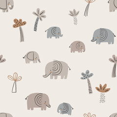 Hand drawn doodle elephants and palms trees. Colorful savanna seamless pattern. Cute childish safari pattern for stationery, posters, cards, nursery, apparel, scrapbooking. - 637043487