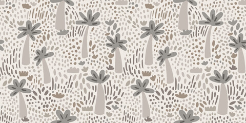 Hand drawn doodle palms trees, savanna grass. Wild forest botanical pattern for stationery, posters, cards, nursery, apparel, scrapbooking.