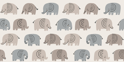 Hand drawn doodle elephants, seamless wallpaper. Cute pastel childish decor illustration, posters, cards, nursery, apparel, scrapbooking. - 637043492
