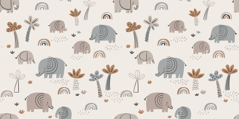 Doodle savanna landscape. Elephants, rainbows and palms trees. Safari seamless wallpaper. Cute childish safari pattern for stationery, posters, cards, nursery, apparel, scrapbooking. - 637043494