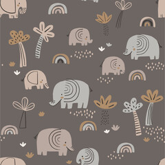 Doodle savanna night landscape. African safari seamless brown wallpaper. Elephants, rainbows and palms trees. Cute childish safari pattern for stationery, posters, cards, nursery, scrapbooking.
