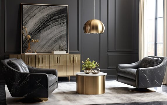 Black and gold luxury living room with armchairs, coffee table, and credenza
