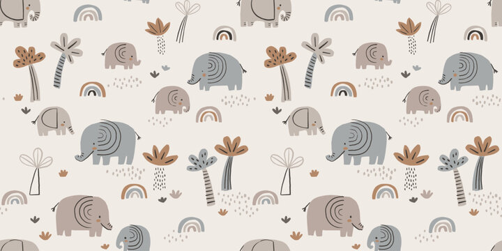 Fototapeta Doodle savanna landscape. Elephants, rainbows and palms trees. Safari seamless wallpaper. Cute childish safari pattern for stationery, posters, cards, nursery, apparel, scrapbooking.