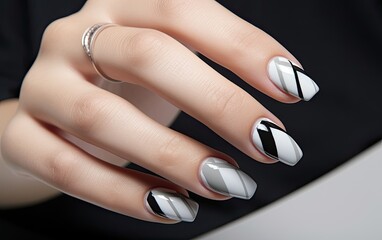 Black and white color geometric nail art manicure on female fingers