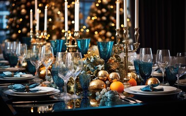 Fototapeta na wymiar Christmas dining room table with plates, glasses and candles