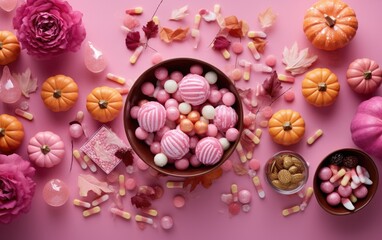 Fototapeta na wymiar Pink flat lay Halloween background with pumpkin decorations and bowl of pink candies