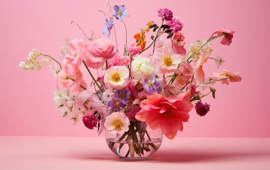 Colorful flowers in a vase isolated on a pastel pink background