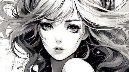Girls in anime style in black and white colors on a white background