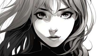 Girls in anime style in black and white colors on a white background - obrazy, fototapety, plakaty