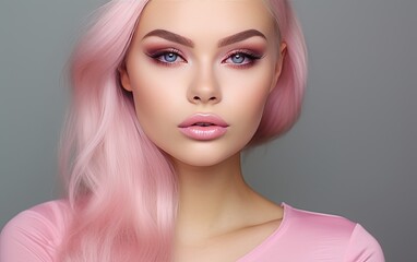 Portrait of a beautiful young woman wearing pink makeup on a grey background