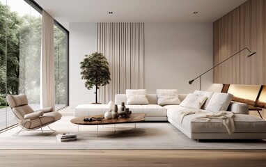 Modern white living room with furniture and big windows