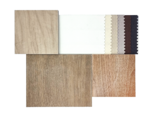 group of interior material samples for selection including blackout drapery fabric catalog, multi color and texture of wooden ceramic tiles isolated on background with clipping path. minimal style.