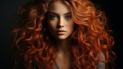 A PORTRAIT OF A RED-HAIRED BEAUTIFUL WELL-GROOMED YOUNG WOMAN WITH CURLY HAIR ON A BLACK ISOLATED BACKGROUND.
