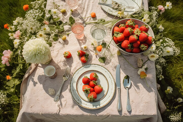 Country tablescape, formal dinner table setting, table scape with strawberry decoration for wedding party and holiday event celebration, generative ai