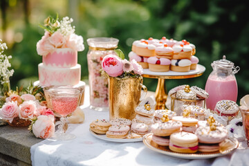 Wedding buffet table, event dessert food catering for wedding, party and holiday celebration, cakes, sweets and desserts in a country garden, generative ai