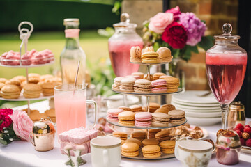 Obraz na płótnie Canvas Wedding buffet table, event dessert food catering for wedding, party and holiday celebration, cakes, sweets and desserts in a country garden, generative ai