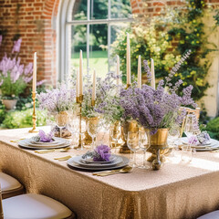 Wedding tablescape, elegant formal dinner table setting, table scape with lavender decoration for...