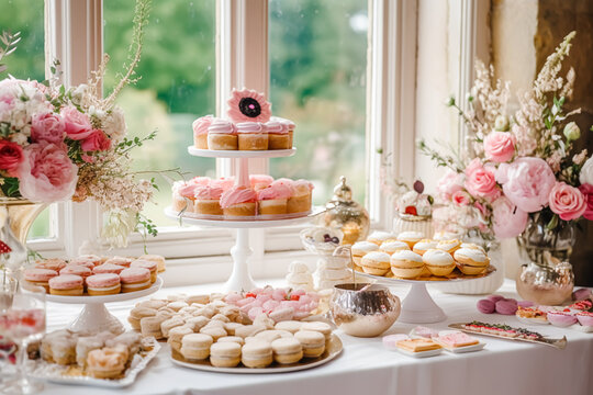 Wedding buffet table, event dessert food catering for wedding, party and holiday celebration, cakes, sweets and desserts in a country garden, generative ai