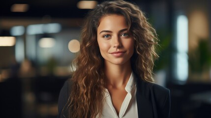 Obraz premium Close up portrait of smiling beautiful millennial businesswoman or CEO looking at camera, happy female boss posing making, confident successful woman at work. Generative Ai.