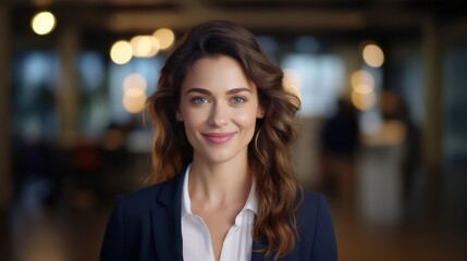 Fototapeta premium Close up portrait of smiling beautiful millennial businesswoman or CEO looking at camera, happy female boss posing making, confident successful woman at work. Generative Ai.
