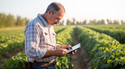 Happy farmer stands and smile holds tablet in his hands against background of working tractor in field. Concept ecology, transport, outdoor nature, clean air, food. Natural production bio product.