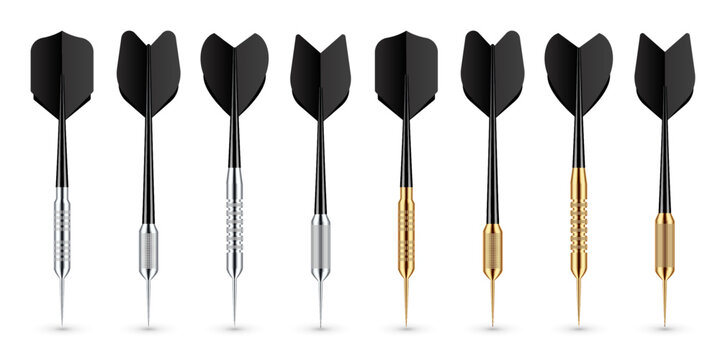 Black dart arrows with metal tip and shadow. Dart throwing sport game, dartboard equipment. Vector illustration