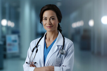 Female Physician: Doctor with Stethoscope in Blurred Hospital Setting