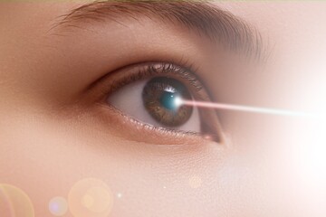 Medicine and ophthalmology . Vision care, eye treatment . Laser and young woman, closeup of eye ....