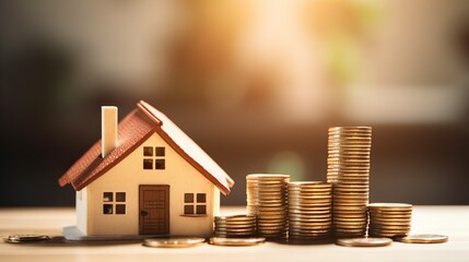 House model adjacent to a meticulously arranged stack of coins, generative Ai