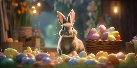 Fototapeta na wymiar Lovely easter bunny with easter eggs. 