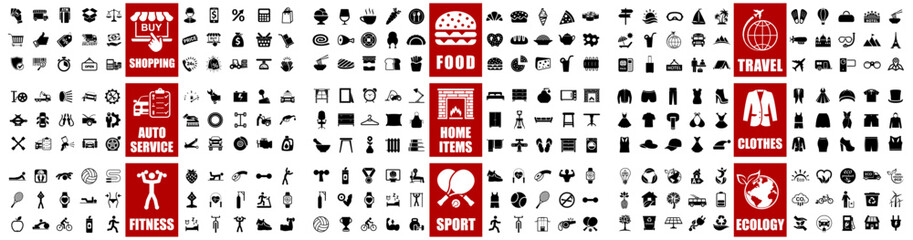 Big mega collection set icons: shopping, sport, house decor, auto service, sport, food, fitness, travel, clothes, ecology – stock vector
