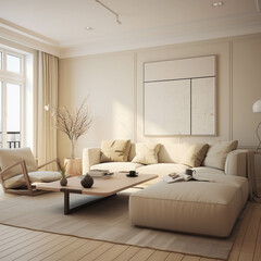 Minimalist living room design in the beige color palette