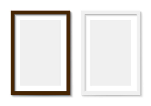 Couple picture photo frames mockup, wall presentation, black and white thin rectangular vertical frame with shadow, two vertical blank frame border mockup - stock vector