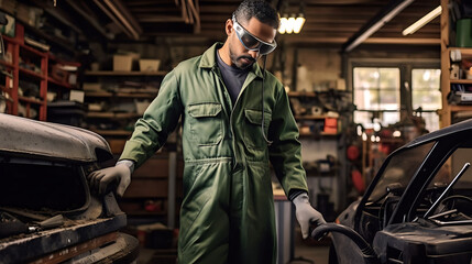 Mécanicien garagiste expert au travail dans un garage animé, entouré d'outils et de machines, capturant l'essence de la mécanique automobile