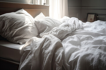 Fresh freshly washed bed linen sheets on a bed lighting is light airy in minimalist white interior