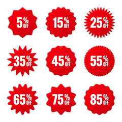 Price tags collection, special offer or shopping discount label with percent, discount percentage value. Red retail paper sticker. Promotional sale badge. Vector illustration