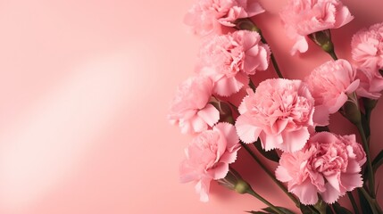Top view of pink carnation flowers bouquet on tan background with deep sunlight shadows.