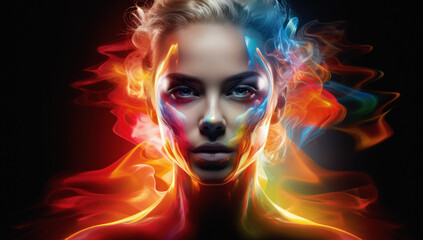 Fototapeta na wymiar Woman Face with Colorful Hair Flames. Artistic Illustration of Fantasy and Glamour. Express Your Vibrant Spirit.