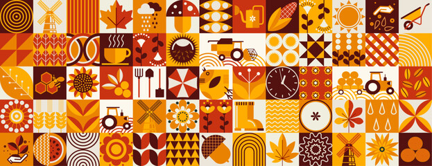 Autumn pattern. Agriculture, farming. Bauhaus mosaic style. Simple geometric shapes. Textile background of grains, poultry breeding, beekeeping, agricultural machinery, farm implements, flowers.