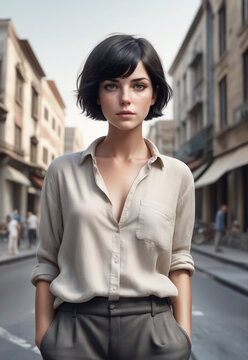 immagine primo piano di giovane affascinante donna in abbigliamento casual, ambientazione con strada cittadina e luce diurna