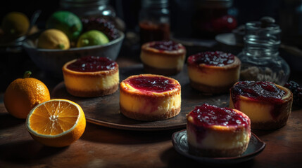 Baked cheesecakes with fruit jam.