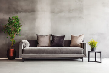 Modern cozy sofa and concrete wall in living room interior. Gray living room modern interior.