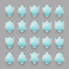 Set of vintage glass 3d shield icons. Blue heraldic shields. Black protection and security symbol, label. Vector illustration