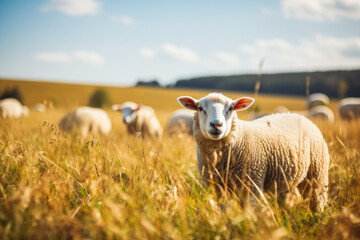 Sheep on pasture. Group of sheep in meadow. One sheep looking at camera and herd in background. - obrazy, fototapety, plakaty