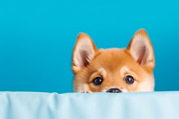 Portrait funny and happy shiba puppy dog peeking from behind curtain. Cute shiba puppy dog.