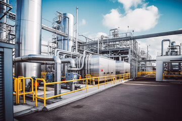 Hydrogen power plant large steel tanks and pipes. Big power plant pipes and steel tanks.