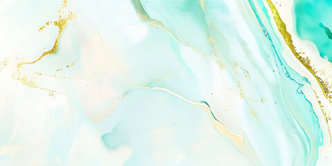 Abstract watercolor paint background illustration - Soft pastel green aquamarine color and golden lines, with liquid fluid marbled paper texture banner texture.