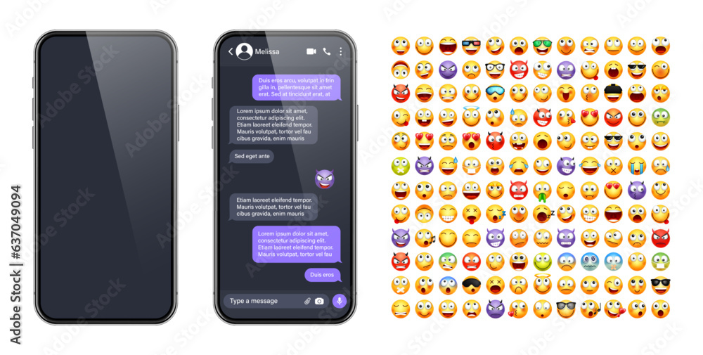 Wall mural smartphone messaging app, user interface with emoji. sms text frame. chat screen, violet message bub